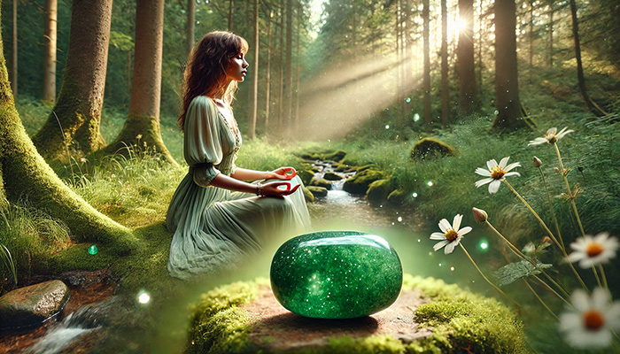 DALL%C2%B7E 2025 12 15 18.02.05 A wide format peaceful and healing scene featuring a matte green aventurine tumbled stone glowing with a soft green aura. A serene woman in a flowing  - アベンチュリンの石言葉とは？心の安定と優しさを育む癒しの石