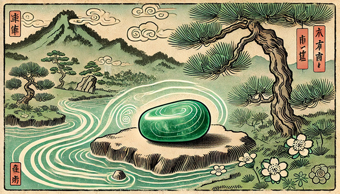 DALL%C2%B7E 2025 12 15 18.02.08 A wide format Japanese ukiyo e style illustration featuring a matte green aventurine tumbled stone with a soft green aura. The stone is placed on a st - アベンチュリンの石言葉とは？心の安定と優しさを育む癒しの石