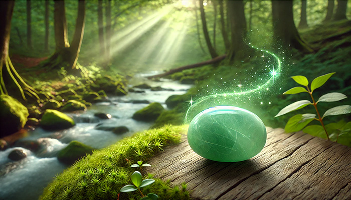 DALL%C2%B7E 2025 12 15 18.02.16 A wide format peaceful and calming scene featuring a matte green aventurine tumbled stone glowing softly with a gentle green aura. The stone has a smo - アベンチュリンの石言葉とは？心の安定と優しさを育む癒しの石