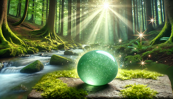 DALL%C2%B7E 2025 12 15 18.02.18 A wide format peaceful and calming scene featuring a matte green aventurine tumbled stone glowing softly with a gentle green aura. The stone has a smo - アベンチュリンの石言葉とは？心の安定と優しさを育む癒しの石