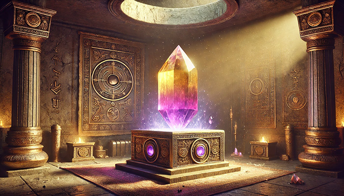 DALL%C2%B7E 2025 12 15 21.32.26 A wide format alternate historical fantasy scene featuring a glowing ametrine crystal with a gradient from purple to golden yellow placed at the cent - アメトリンの石言葉とは？調和と安定をもたらす二色の奇跡