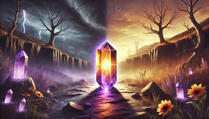 DALL%C2%B7E 2025 12 15 21.33.00 A wide format alternate symbolic scene featuring a raw ametrine crystal with a smooth gradient of purple and golden yellow glowing in a shadowy canyo - アメトリンの石言葉とは？調和と安定をもたらす二色の奇跡
