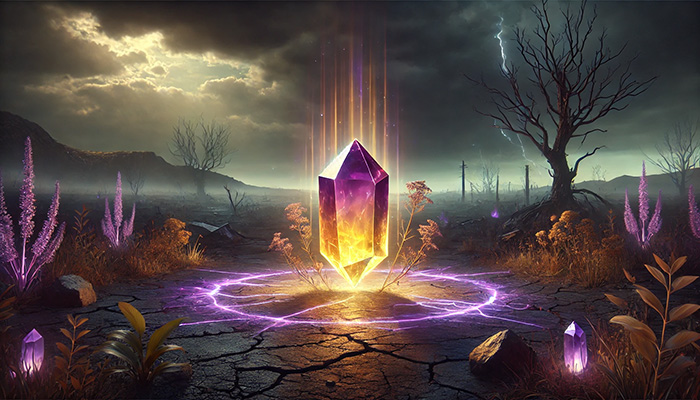 DALL%C2%B7E 2025 12 15 21.33.03 A wide format symbolic scene featuring a raw ametrine crystal with a smooth gradient of purple to golden yellow glowing softly in a dark moody lands - アメトリンの石言葉とは？調和と安定をもたらす二色の奇跡