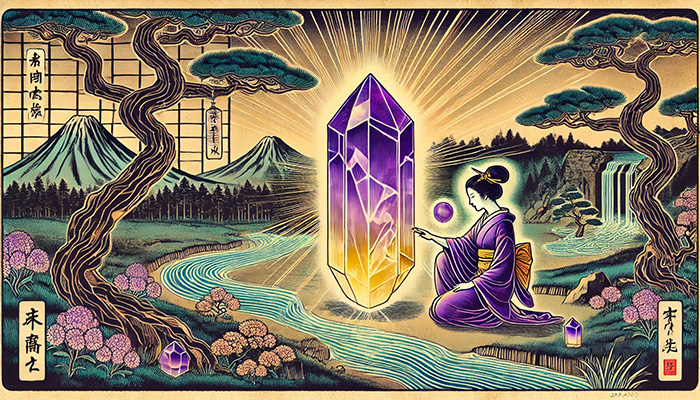 DALL%C2%B7E 2025 12 15 21.33.05 A wide format Japanese ukiyo e style illustration featuring a glowing raw ametrine crystal with a purple base that fades into golden yellow. A traditi - アメトリンの石言葉とは？調和と安定をもたらす二色の奇跡