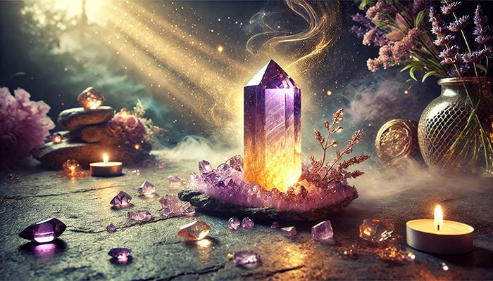 DALL%C2%B7E 2025 12 15 21.33.16 A wide format mystical and elegant scene featuring a raw ametrine crystal with a purple base and a gradient that transitions into golden yellow. The c - アメトリンの石言葉とは？調和と安定をもたらす二色の奇跡