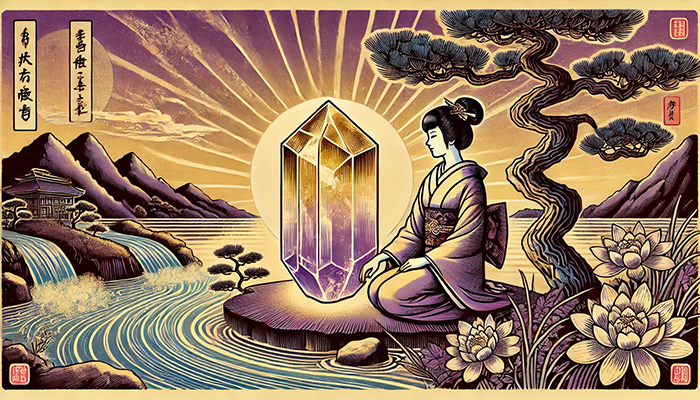 DALL%C2%B7E 2025 12 15 21.33.29 A wide format Japanese ukiyo e style illustration featuring a woman and a glowing ametrine raw crystal with a smooth gradient from golden yellow to pu - アメトリンの石言葉とは？調和と安定をもたらす二色の奇跡
