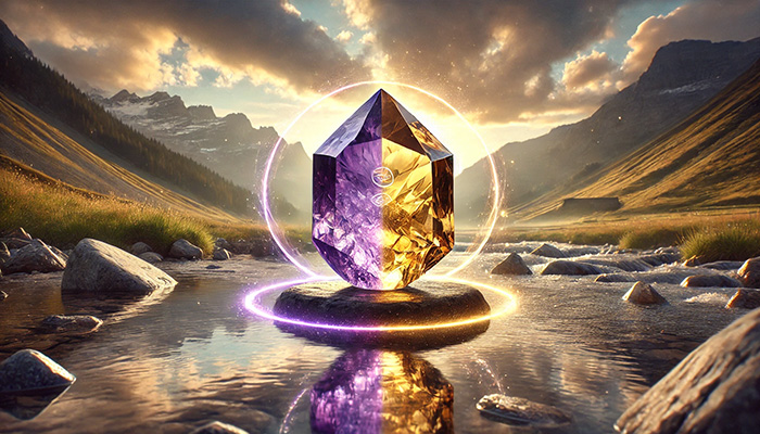 DALL%C2%B7E 2025 12 15 21.33.39 A wide format alternate mystical scene featuring a raw ametrine crystal with a smooth gradient of golden yellow to purple. The crystal is placed on a  - アメトリンの石言葉とは？調和と安定をもたらす二色の奇跡