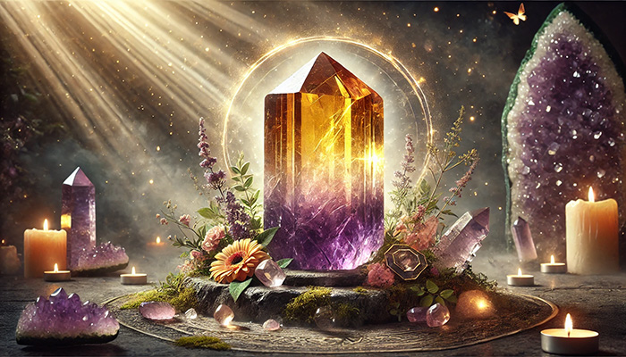 DALL%C2%B7E 2025 12 15 21.33.42 A wide format mystical and balanced scene featuring a raw ametrine crystal with a natural gradient blend of golden yellow and deep purple. The crystal - アメトリンの石言葉とは？調和と安定をもたらす二色の奇跡