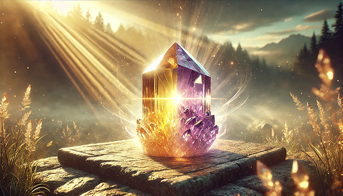 DALL%C2%B7E 2025 12 15 21.33.49 A wide format mystical and balanced scene featuring a raw ametrine crystal that is distinctly half golden yellow and half purple. The crystal glows wi - アメトリンの石言葉とは？調和と安定をもたらす二色の奇跡