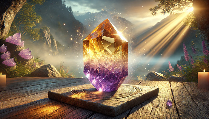 DALL%C2%B7E 2025 12 15 21.33.51 A wide format mystical and balanced scene featuring a raw ametrine crystal that is distinctly half golden yellow and half purple. The crystal glows wi - アメトリンの石言葉とは？調和と安定をもたらす二色の奇跡