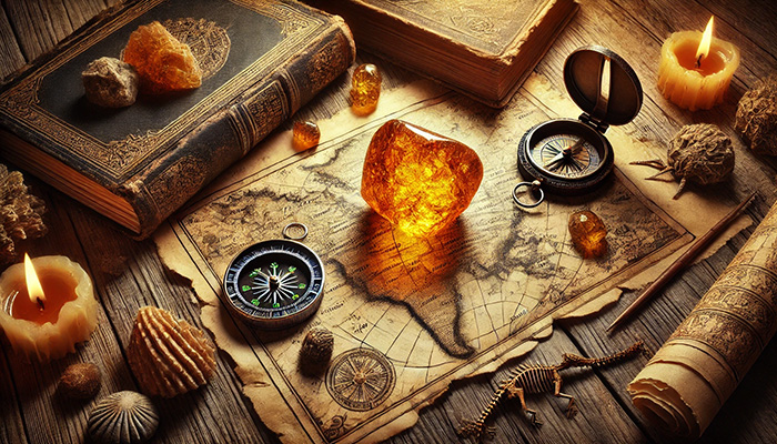 DALL%C2%B7E 2025 12 16 11.24.12 A wide format fantasy scene showing a glowing tumbled amber stone placed on ancient parchment maps next to a weathered compass and old books. Fossils - アンバー（琥珀）の石言葉とは？長寿・繁栄・抱擁を象徴する太古の癒し石