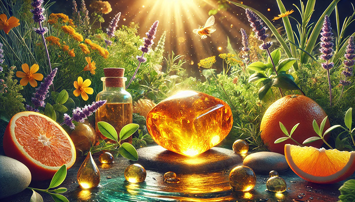 DALL%C2%B7E 2025 12 16 11.24.19 A wide format alternate fantasy scene of a glowing tumbled amber stone representing health and vitality. The amber rests among fresh herbs wildflower - アンバー（琥珀）の石言葉とは？長寿・繁栄・抱擁を象徴する太古の癒し石