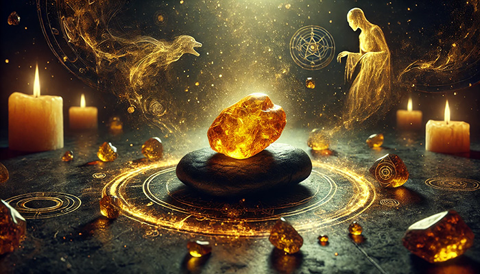 DALL%C2%B7E 2025 12 16 11.24.24 A wide format alternate fantasy scene featuring a glowing tumbled amber stone placed on a smooth dark rock surrounded by swirling shadows and faint g - アンバー（琥珀）の石言葉とは？長寿・繁栄・抱擁を象徴する太古の癒し石