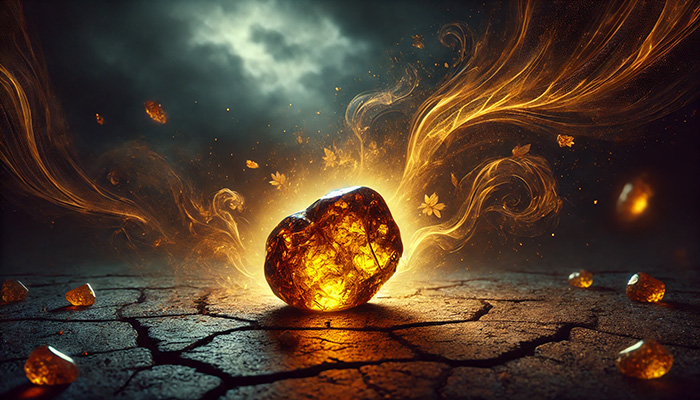 DALL%C2%B7E 2025 12 16 11.24.32 A wide format fantasy scene showing a tumbled amber stone glowing with golden light absorbing dark swirling negative energy around it. The amber lies - アンバー（琥珀）の石言葉とは？長寿・繁栄・抱擁を象徴する太古の癒し石