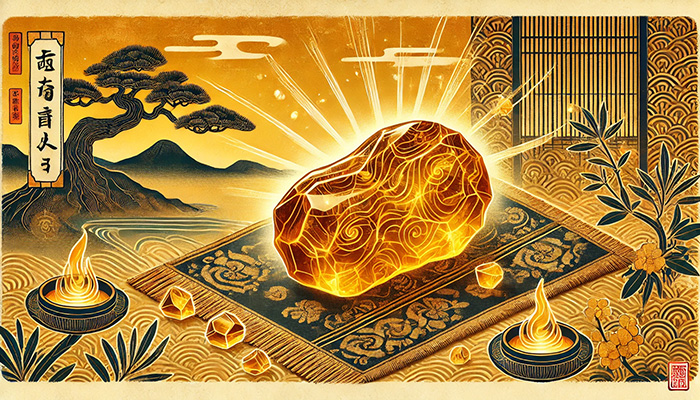 DALL%C2%B7E 2025 12 16 11.24.35 A wide format Japanese ukiyo e style illustration featuring a glowing tumbled amber stone in golden and honey hues. The amber rests on a traditional p - アンバー（琥珀）の石言葉とは？長寿・繁栄・抱擁を象徴する太古の癒し石