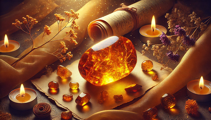 DALL%C2%B7E 2025 12 16 11.24.38 A wide format alternate fantasy scene featuring a glowing tumbled amber stone in warm golden and orange hues. The polished amber rests on a bed of sil - アンバー（琥珀）の石言葉とは？長寿・繁栄・抱擁を象徴する太古の癒し石
