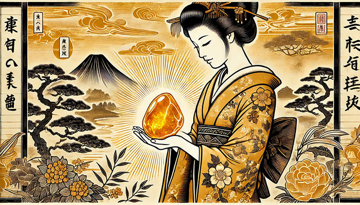 DALL%C2%B7E 2025 12 16 11.24.52 A wide format Japanese ukiyo e style illustration of a woman holding a smooth tumbled amber stone glowing in warm golden hues. The woman is wearing a  - アンバー（琥珀）の石言葉とは？長寿・繁栄・抱擁を象徴する太古の癒し石