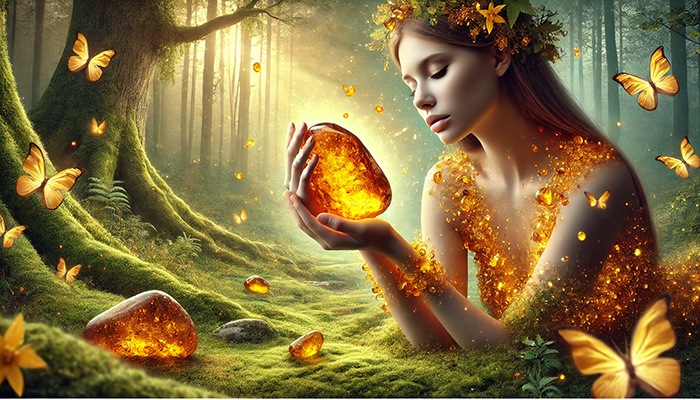 DALL%C2%B7E 2025 12 16 11.24.59 A wide format fantasy scene featuring a smooth tumbled amber stone glowing in golden hues held by a serene woman in a peaceful natural setting. The w - アンバー（琥珀）の石言葉とは？長寿・繁栄・抱擁を象徴する太古の癒し石