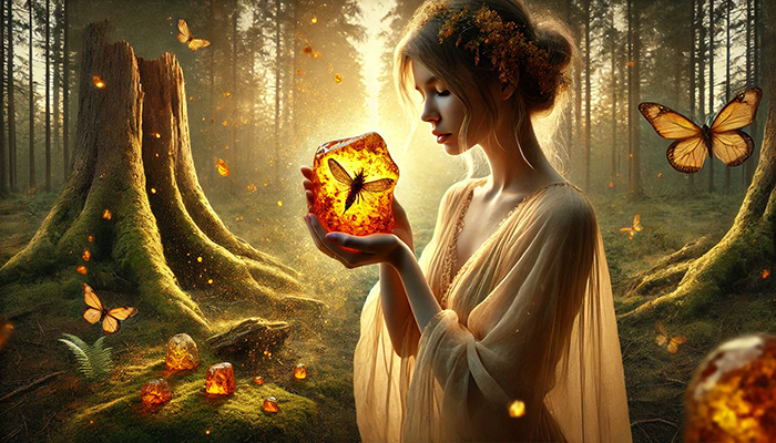 DALL%C2%B7E 2025 12 16 11.25.50 A wide format fantasy scene featuring a woman gently holding a piece of raw amber with a preserved insect inside. The amber glows warmly in golden and - アンバー（琥珀）の石言葉とは？長寿・繁栄・抱擁を象徴する太古の癒し石