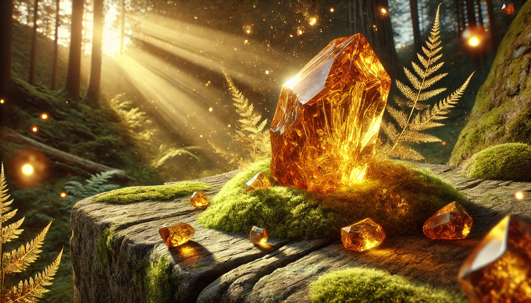DALL%C2%B7E 2025 12 16 11.26.07 A wide format mystical scene featuring a raw amber crystal glowing in warm golden and honey tones. The crystal rests on ancient moss covered stone r - アンバー（琥珀）の石言葉とは？長寿・繁栄・抱擁を象徴する太古の癒し石