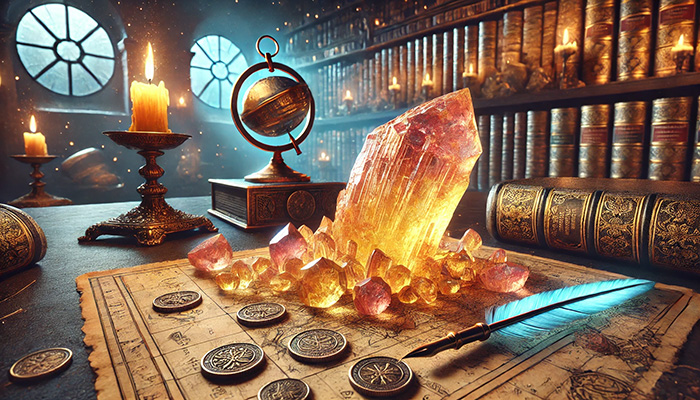 アンデシンの石言葉とは?変化と調和をもたらす神秘の意味を徹底解説 DALL%C2%B7E 2025 12 18 16.39.25 A wide aspect image showing a different version of a yellow to red gradient rough cut tumbled Andesine crystal glowing with a soft magical aura. The - アンデシンの石言葉とは?変化と調和をもたらす神秘の意味を徹底解説