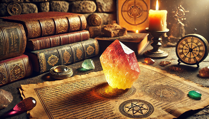 アンデシンの石言葉とは?変化と調和をもたらす神秘の意味を徹底解説 DALL%C2%B7E 2025 12 18 16.39.34 A wide aspect image featuring a yellow to red gradient rough cut tumbled Andesine crystal glowing with mystical energy. The crystal is placed on an an - アンデシンの石言葉とは?変化と調和をもたらす神秘の意味を徹底解説