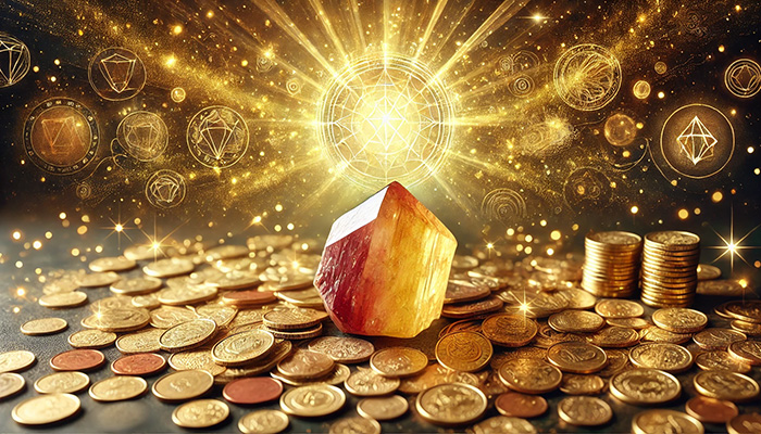 アンデシンの石言葉とは?変化と調和をもたらす神秘の意味を徹底解説 DALL%C2%B7E 2025 12 18 16.39.37 A wide aspect image featuring a yellow to red gradient rough cut tumbled Andesine crystal placed on a bed of gold coins and glowing with radiant energ - アンデシンの石言葉とは?変化と調和をもたらす神秘の意味を徹底解説