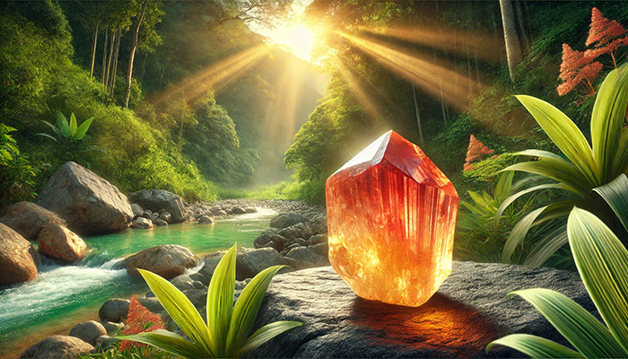 アンデシンの石言葉とは?変化と調和をもたらす神秘の意味を徹底解説 DALL%C2%B7E 2025 12 18 16.39.43 A wide aspect scene showing a rough cut tumbled Andesine crystal with a yellow to red gradient glowing with powerful healing energy. The setting is a - アンデシンの石言葉とは?変化と調和をもたらす神秘の意味を徹底解説