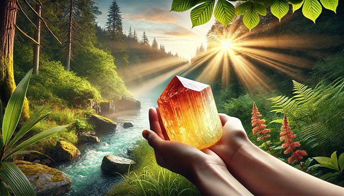 アンデシンの石言葉とは?変化と調和をもたらす神秘の意味を徹底解説 DALL%C2%B7E 2025 12 18 16.39.47 A wide aspect scene showing a rough cut tumbled Andesine crystal with a yellow to red gradient glowing with powerful healing energy. The setting is a - アンデシンの石言葉とは?変化と調和をもたらす神秘の意味を徹底解説