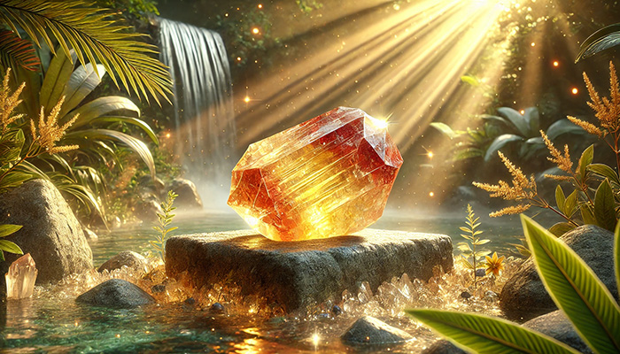 アンデシンの石言葉とは?変化と調和をもたらす神秘の意味を徹底解説 DALL%C2%B7E 2025 12 18 16.39.54 A wide aspect serene and uplifting scene featuring a rough cut tumbled Andesine crystal with a yellow to red gradient color. The crystal glows with ra - アンデシンの石言葉とは?変化と調和をもたらす神秘の意味を徹底解説