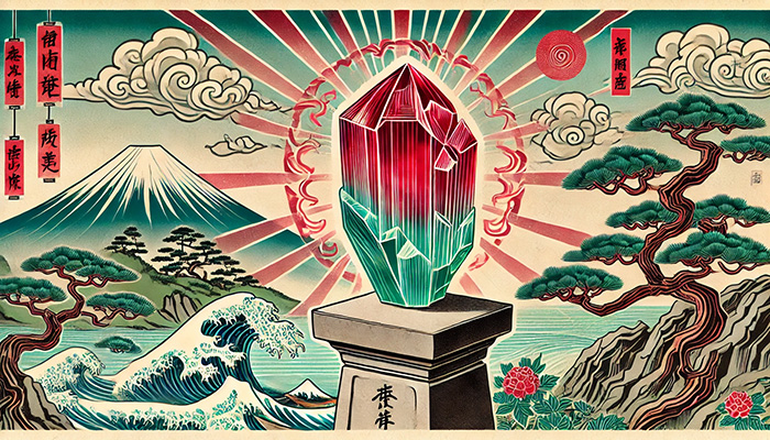 アンデシンの石言葉とは?変化と調和をもたらす神秘の意味を徹底解説 DALL%C2%B7E 2025 12 18 16.41.26 A wide aspect Ukiyo e style artwork featuring a raw Andesine crystal with red and green iridescent colors. The crystal is placed on a stone pedestal - アンデシンの石言葉とは?変化と調和をもたらす神秘の意味を徹底解説