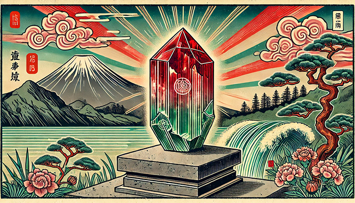 アンデシンの石言葉とは?変化と調和をもたらす神秘の意味を徹底解説 DALL%C2%B7E 2025 12 18 16.41.29 A wide aspect Ukiyo e style artwork featuring a raw Andesine crystal with red and green iridescent colors. The crystal is placed on a stone pedestal - アンデシンの石言葉とは?変化と調和をもたらす神秘の意味を徹底解説